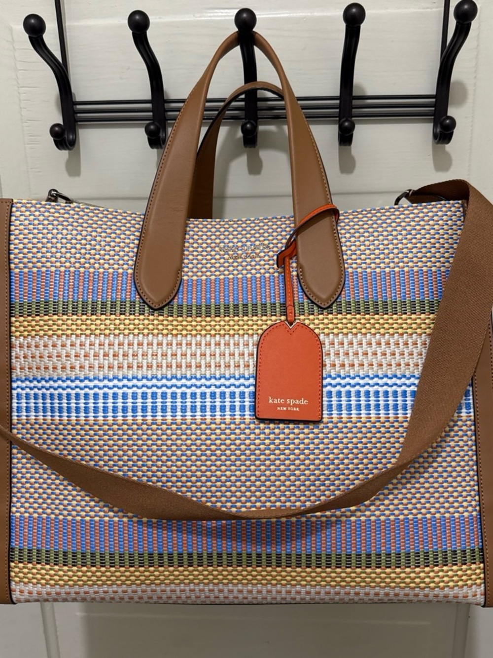 kate spade Multicolor Woven Tote with Brown Leather Trim and Orange Tag